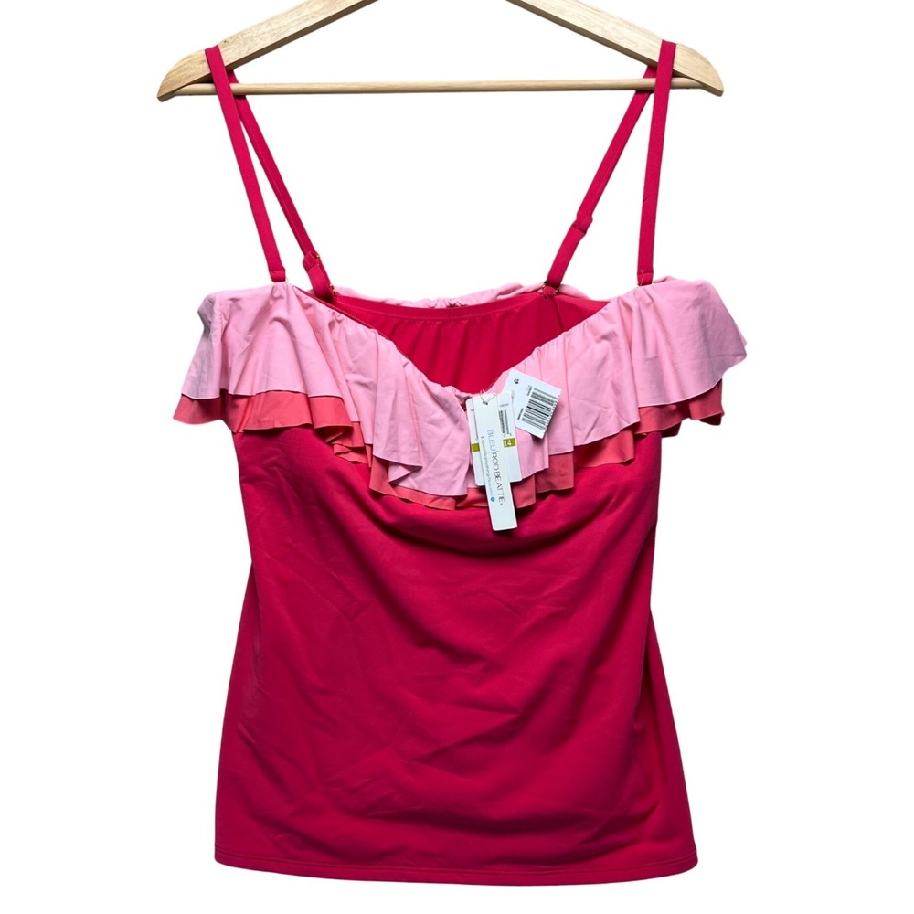Bleu Rod‎ Beattie Tankini Swimsuit Top Ruffle Pink Cherry Size 14 Retro Staps